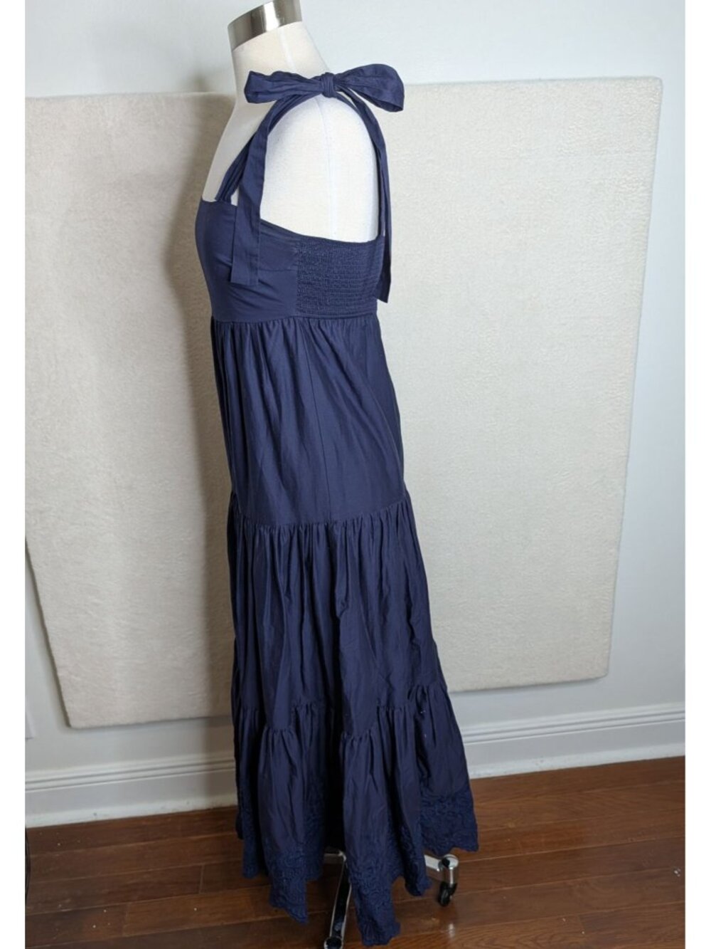 Jason Wu Tiered Embroidered Eyelet Maxi Dress Navy Shoulder Bow Ties Size S - Picture 9 of 14